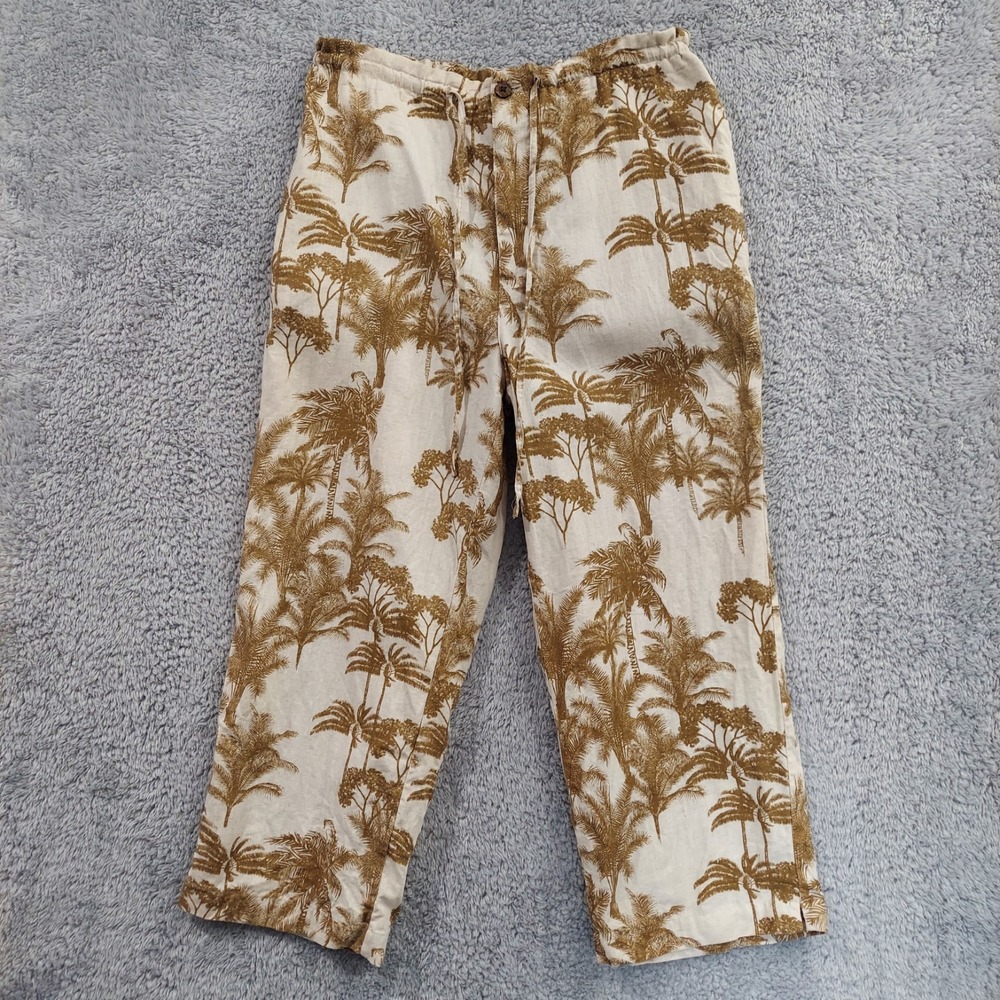 Jamaica Bay Cropped Pants Women's Size Small 100% Linen Palm Trees Tan Brown